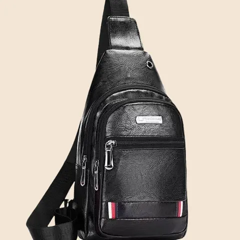 For Men PU Soft Leather Chest Bag, Simple Shoulder Bag, Waterproof Casual Business Messenger Bag With Headphone Jack