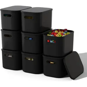 8 Pack Stackable Storage Bins with Lids, Black Plastic Storage Boxes with Handles for Shelves, Organizing Crafts & Snacks (9.8" x 6.9" x 5.7")