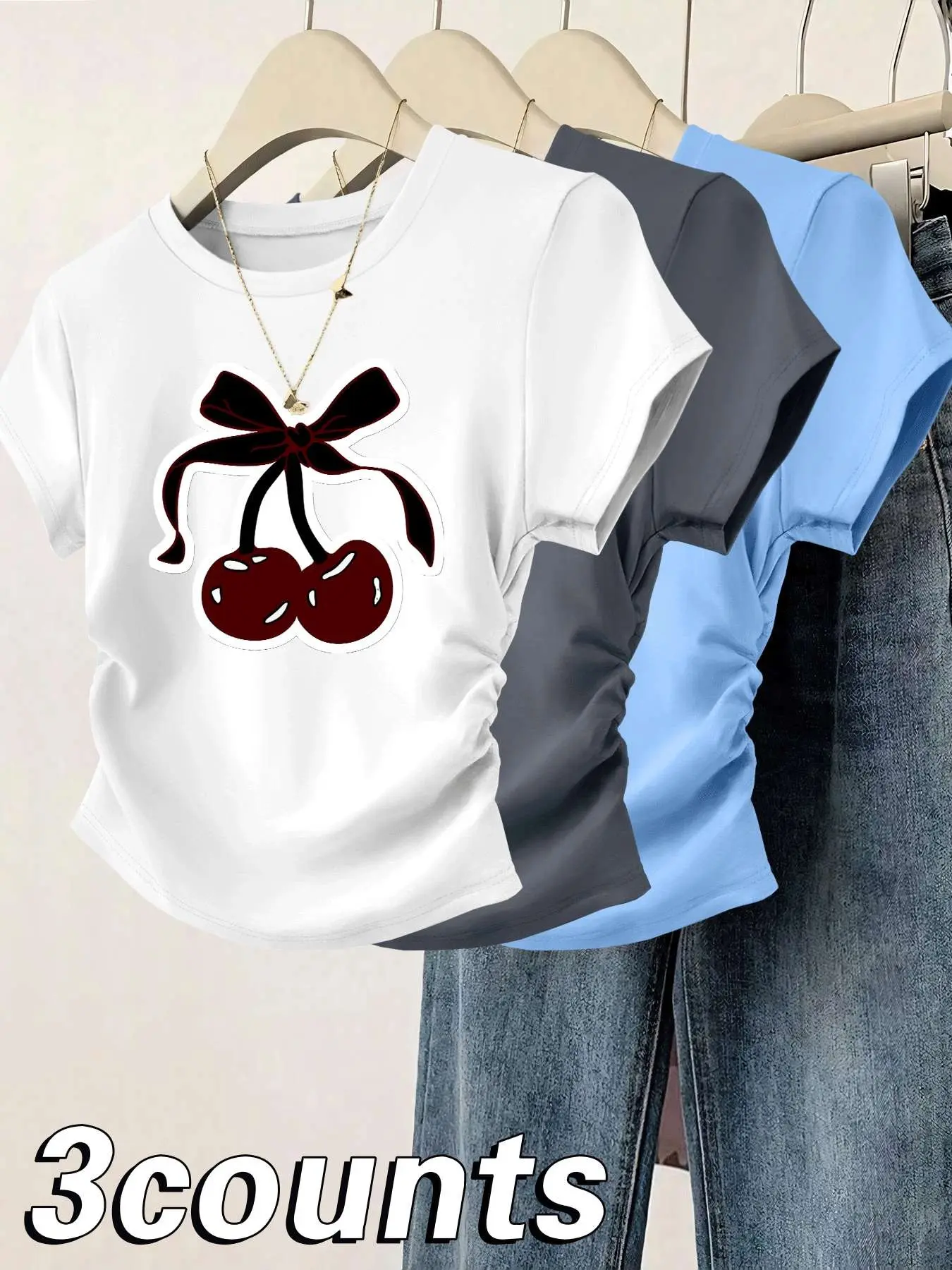 Cherry Printed Women's  Short Sleeve Ruched  3 Pieces T-shirt Casual Lightweight Round Neck Graphic Daily Commuter Basic Casual T-shirt，TikTok Trending T-shirt Women ，Outfit Murah T-shirt Wanit,Comfortable Fabric