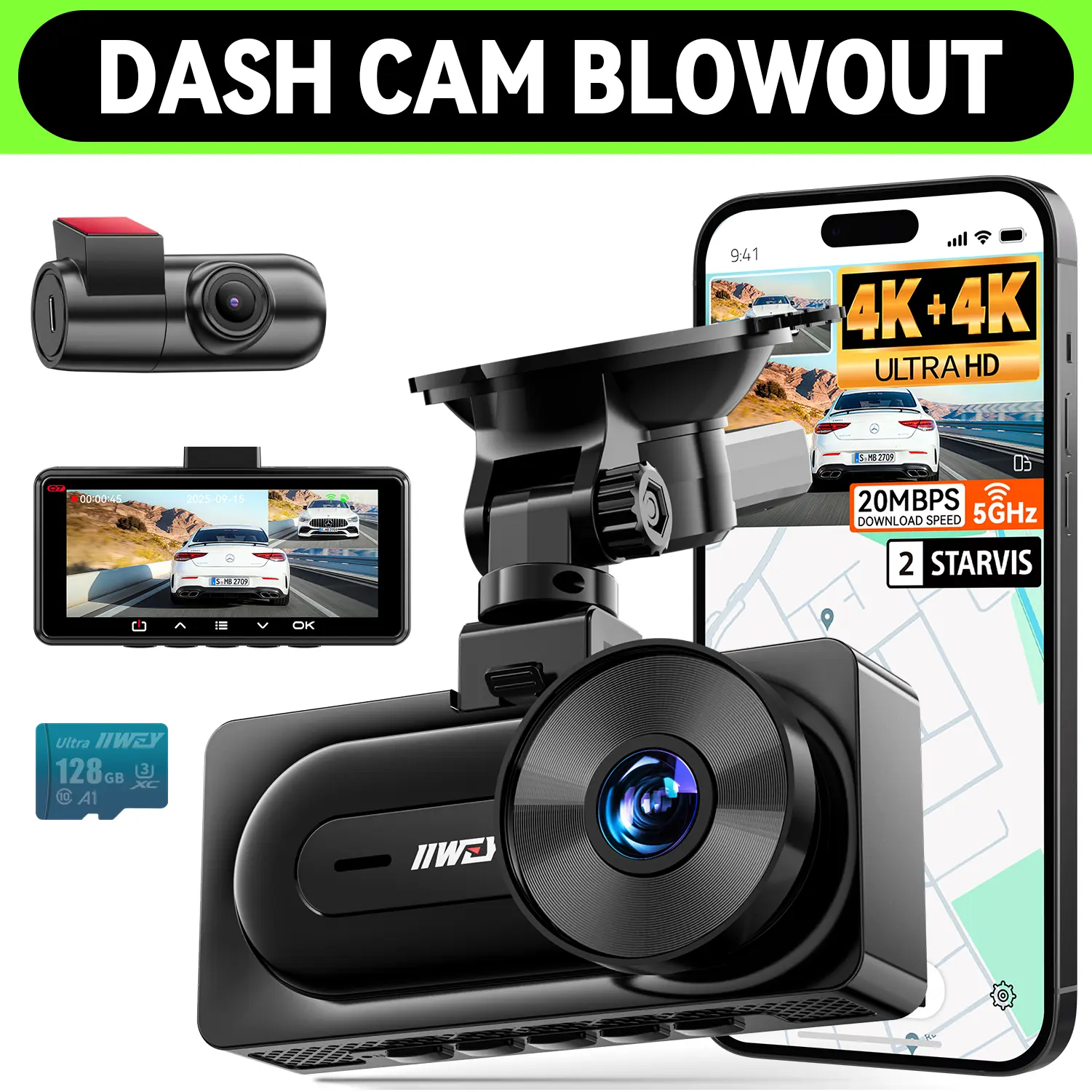 【BLOWOUT】IIWEY Q7 4K+4K Dash Cam Front & Rear Dual STARVIS Sensor 5G WiFi-6 20MB/s App 128G SD Card GPS 24/7 Parking Mode 3.18 Inch IPS 170° Wide Angle Dash Cam Automotive Dashcam Driving Camera Car Dvr