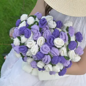 52 Flowers Handmade Crochet Gradient Purple Rose Bouquet Blanket, Ideal Gift for Anniversary, Multi-functional Home Decor Throw Blanket