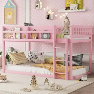 Low Bunk Beds Frame Twin Over Twin, Solid Wood Floor Bunk Bed with Ladder & Full Guardrails, Upper Built-in Bookshelf, Pink