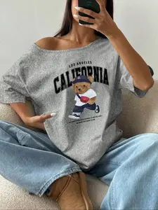 Women's Bear Print Off Shoulder Tee, Casual Y2K Style Long Sleeve T-Shirt for Daily Wear, Ladies Clothes for All Seasons, Top