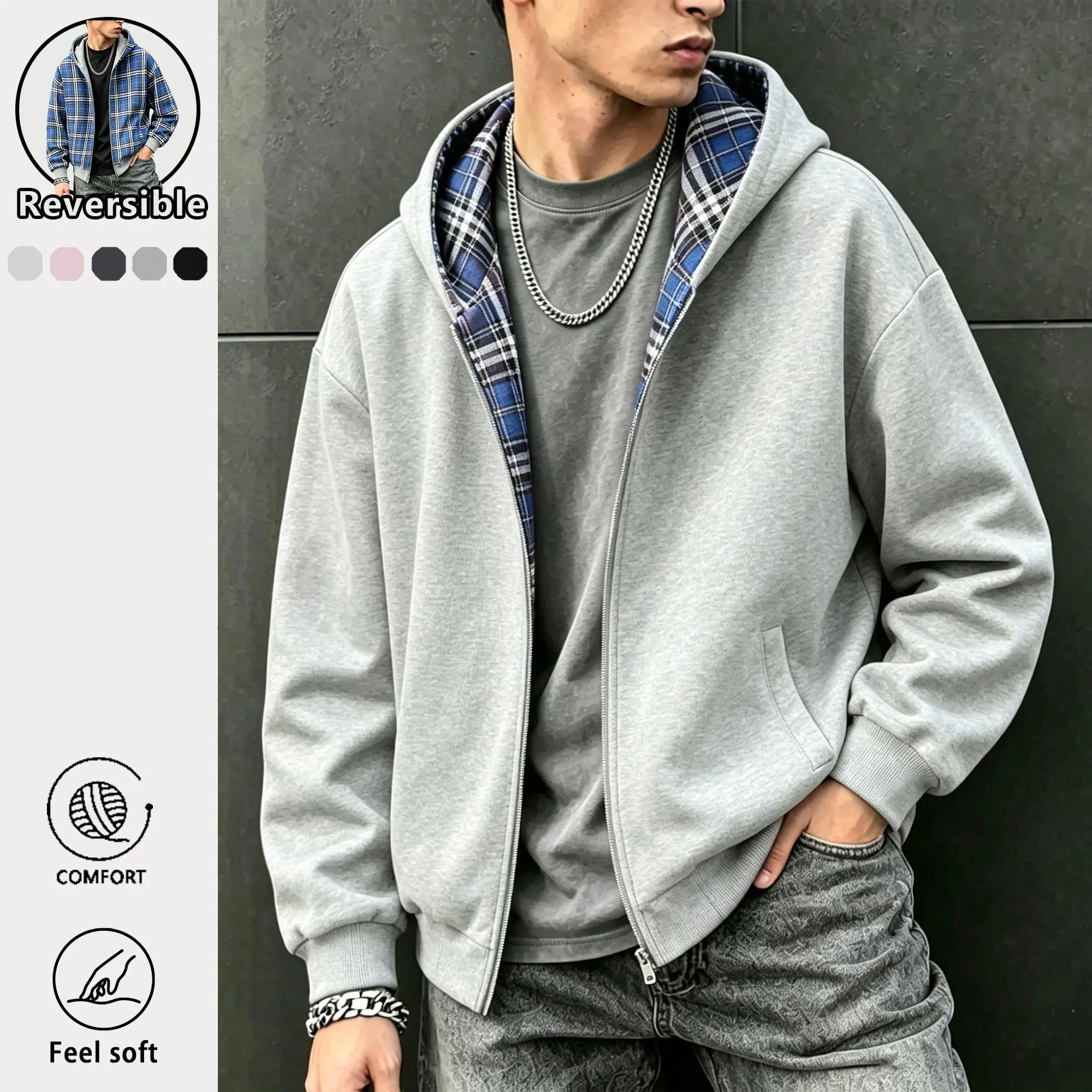 EKF Men’s Cotton Plaid Lined Zip-Up Hooded Jacket — Wear it two ways, two styles in one piece; everyday streetwear with new looks every day
