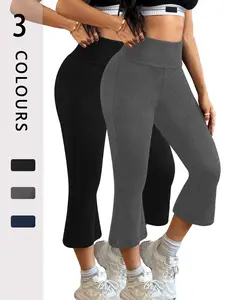 2 Pack Waisted Capri Pants for Women, Super Soft Tummy Control Flare Legging, No See Through Workout Running Yoga Athletic Leggings