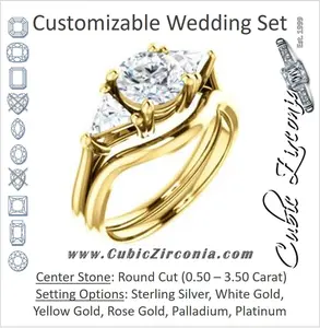 CZ Wedding Set, featuring The Prisma engagement ring (Classic Three-Stone Triangle Accent and Round Cut center)