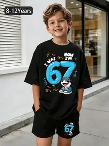 Boys' Six Seven Number Blocks Printed T-shirt and Shorts Set, 8-12 Years Old, Pixel Style, 67 Cartoon, Loose Round Neck Short-sleeve and Shorts Children's Set