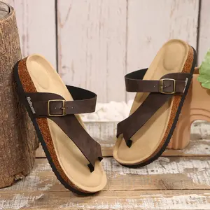 Women's Retro Cork Footbed Flat Slides Open Toe Adjustable Buckle Casual Beach Sandals
