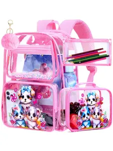 Kids Clear Backpack for Girls, 3PCS Transparent Bookbag Set, Cute See Through School Bag for Elementary Prechool Toddler - Pink Dog