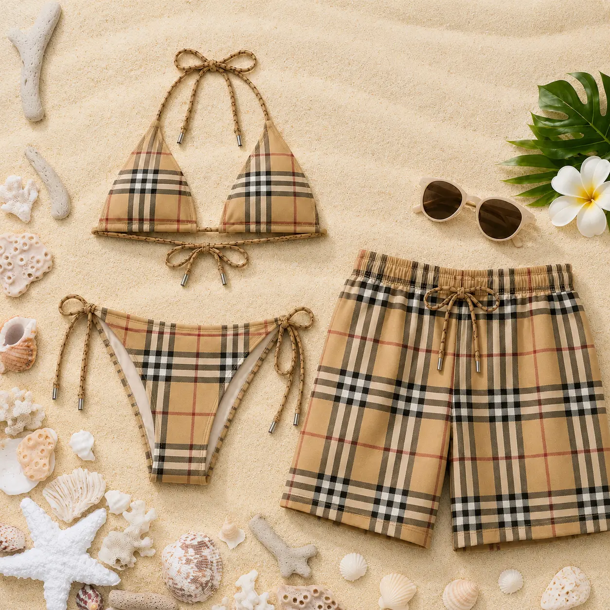 2026 Signature TB Matching Couple Swimwear Set - Women's Viral Bikini, Men's Beach Shorts, Ideal for Vacation Gifting