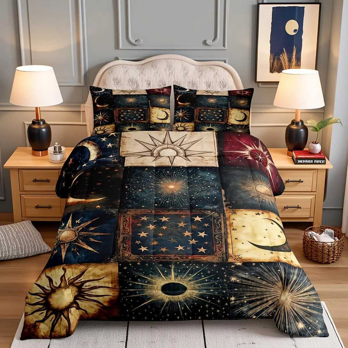 Sun Moon Bedding Set Grunge Celestial Comforter Bedroom Decor Starry Galaxy Patchwork Comforter Set Navy Gold Quilt Duvet Quilt Set