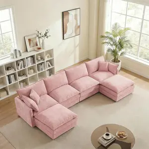 131" Cloud Couch Sectional, U-Shaped Modular Sectional Sofa with Chaise & 4 Removable Washable Pillows, Oversized 4-Seat Couch for Living Room, Modern Deep Seat Cloud Sofa Sectional, Pink