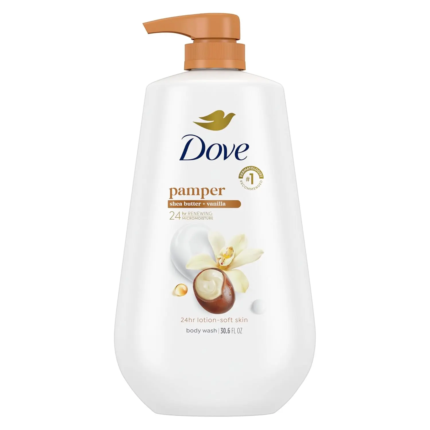 Body Wash Pamper Shea Butter & Vanilla 30.6 oz Pump, Sulfate Free | Dove Shea Butter & Vanilla Body Wash nourishes skin for 24 hours with MicroMoisture technology and warm vanilla scent.
