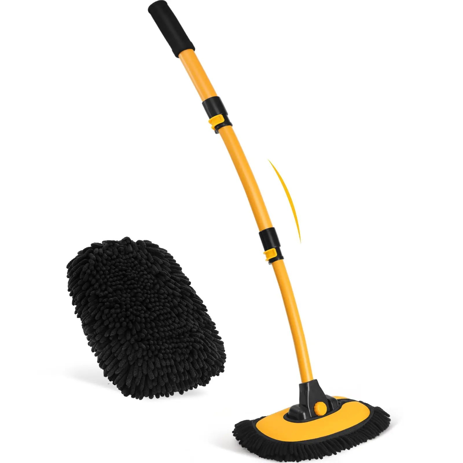 Sturdy 15° Curved Microfiber Car Wash Brush with 22"-43" Adjustable Collapsible Nonslip Durable Aluminium Alloy Extension Pole, Scratch-Free Dry/Wet Exterior Washer Mop for Car Owners’ Roof, Truck, Telescopic Pole