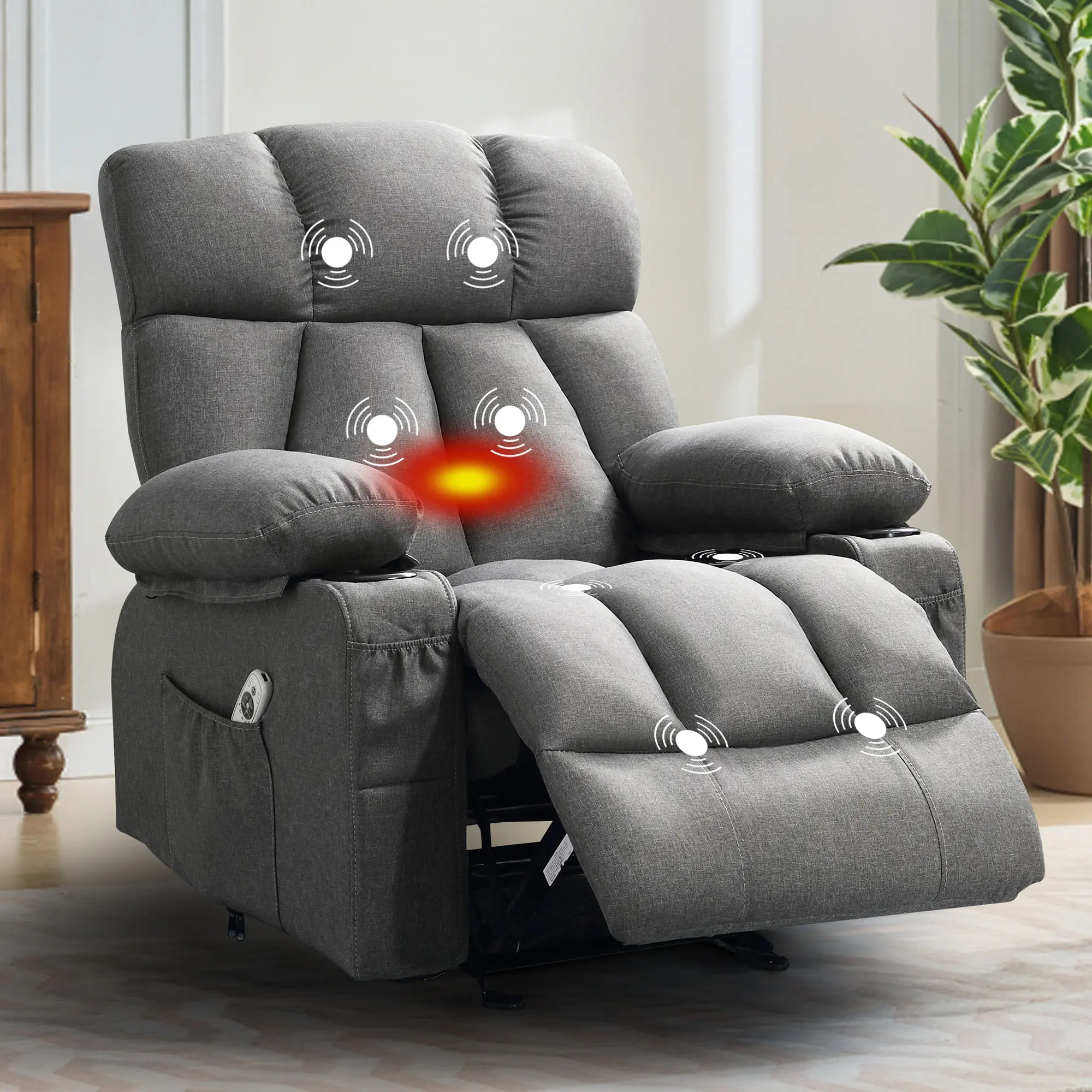 JONPONY Heated Manual Massage Recliner with Cup Holder, Single Rocker Sofa with Cup Holders for Bedroom Home Theater, Gray