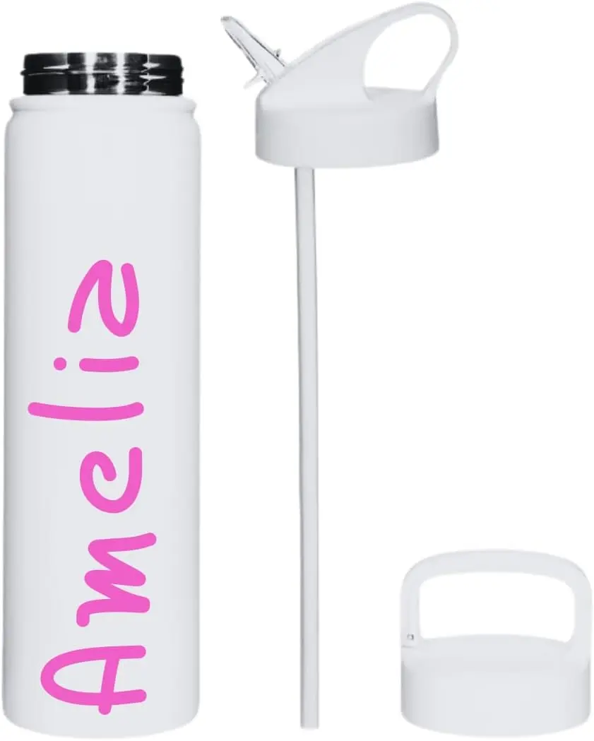 Shelzy's Designs Personalized Island Love Water Bottle - 25oz White Stainless Steel Flip Top Straw - Classic, Drinkware Lid Resistance