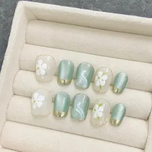 Y11 Cyan Summer Hand Painted Flower Short detachable hand press on nails acrylic  press  nails party press