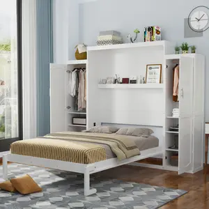 Full Size Murphy Bed with 2 Wardrobe and Storage Shelf, Multifunctional Foldable Platform Bedframe for Guest-Room, Bedroom, White