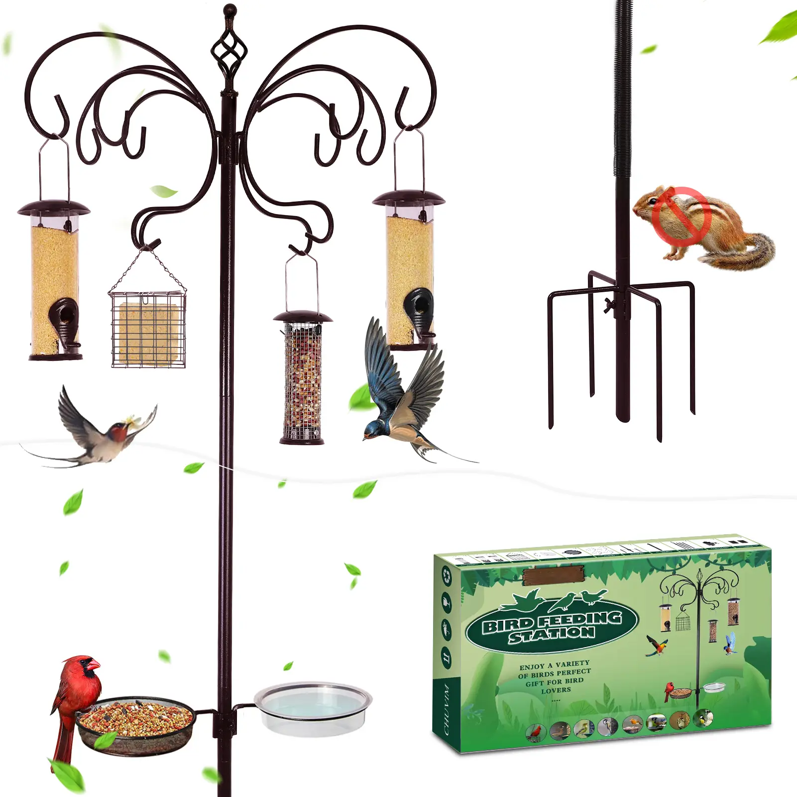 Wild Bird Feeder Station Kit, 93in Tall Anti-Squirrel Metal Detachable Pole Stand with 12 Adjustable Hooks, 4 Feeders, Bath Tray, Water Bowl, Feeding Tray, 5-Prong Enhanced Stability Base for Outdoor Bird Feeding Tools
