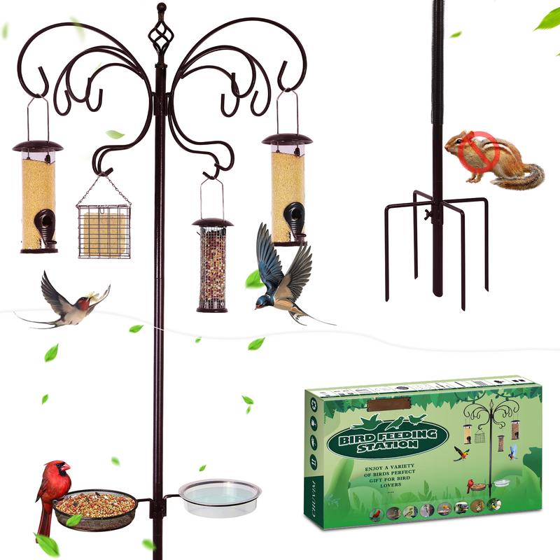 94 Inch Metal Bird Feeding Station, Squirrel-proof Bird Feeder Pole, Complete Multi-Feeder Poles Kit with Four Additional Feeders, A Water Bowl And Food Tray