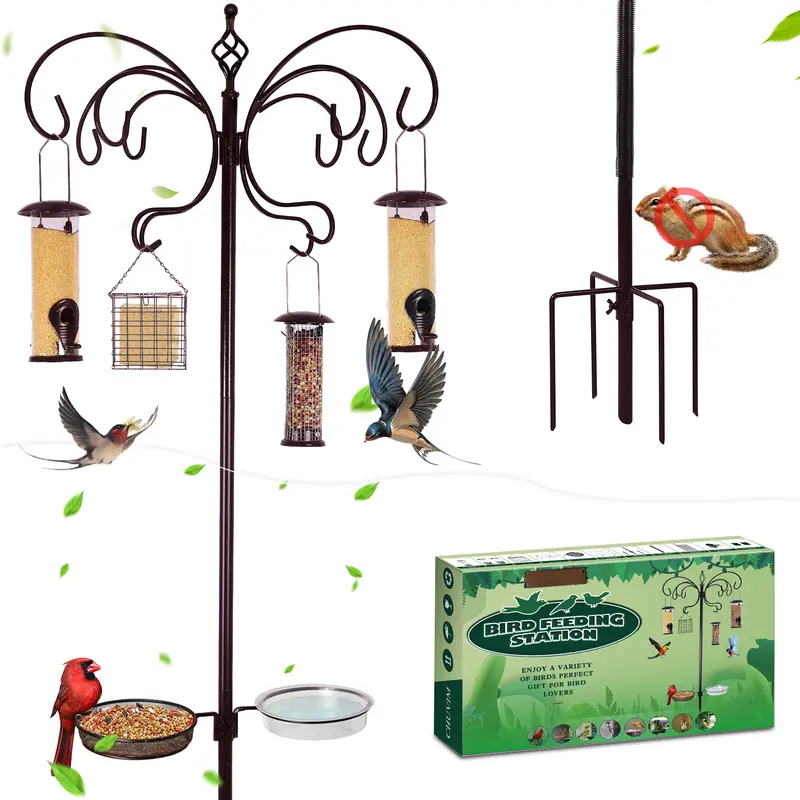 94 Inch Metal Bird Feeding Station, Squirrel-proof Bird Feeder Pole, Complete Multi-Feeder Poles Kit with Four Additional Feeders, A Water Bowl And Food Tray