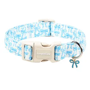 Lionet Paws Summer Dog Collar — Blue Bow Adjustable Collar with Bowtie Pendant & Plastic Buckle for Small to Large Dogs