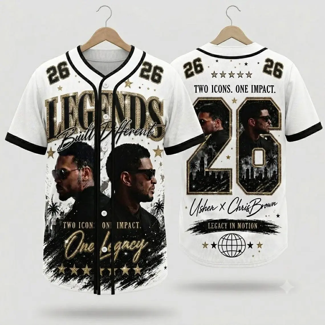 RnB Legends White Button Up Baseball Jersey, Gold Glitter Graphic Number 26 Short Sleeve Shirt, Hip Hop Concert Outfits Streetwear Men Women
