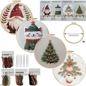 Christmas Theme Embroidery Kit - DIY Stitching Materials Set with English Stitch Guide, Needle Crafts Kit for Holiday Home Decoration, Handmade Fashion Accessory for Handkerchiefs