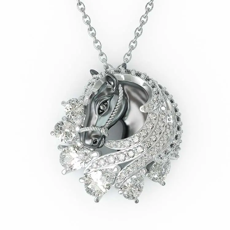 925 Sterling Silver Horse Head Jewelry Necklace, Elegant Animal Pendant Adorned with Cubic Zirconia, Chain