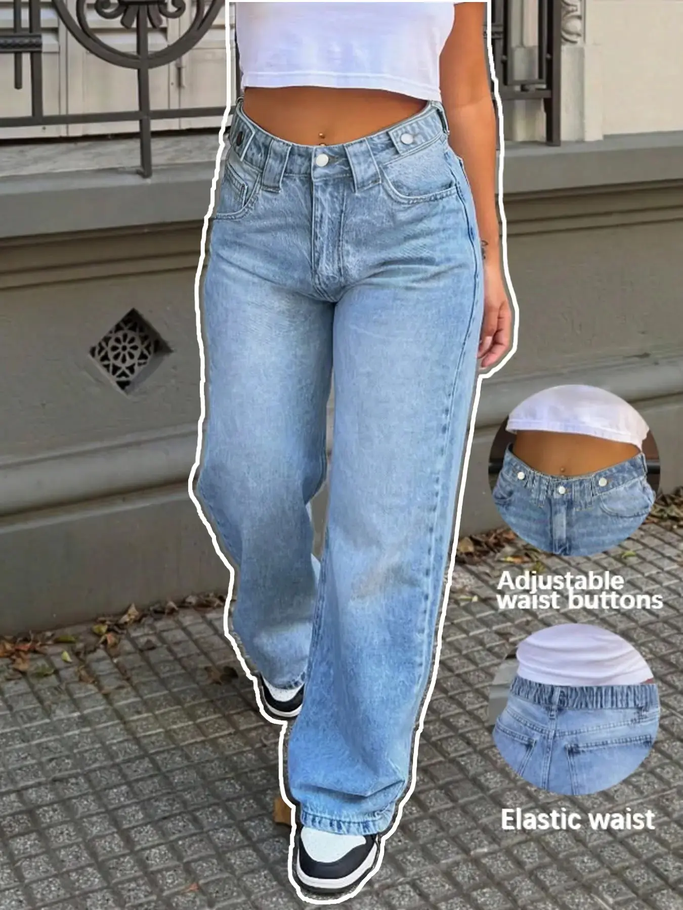 Women's Loose Fit Washable Denim Jeans Trouser with Adjustable Waist Button, Mid-Rise Wide Leg Jeans Pants for Casual Outings, Durable and Comfortable Design, Relaxed Fit Jeans Jean Pants Bottoms