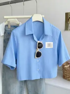 Women's Summer College Style Casual Short Sleeve Shirt Blouse, Light Blue Color, Collar & Button Design, Loose Fit, Comfortable Breathable Fabric