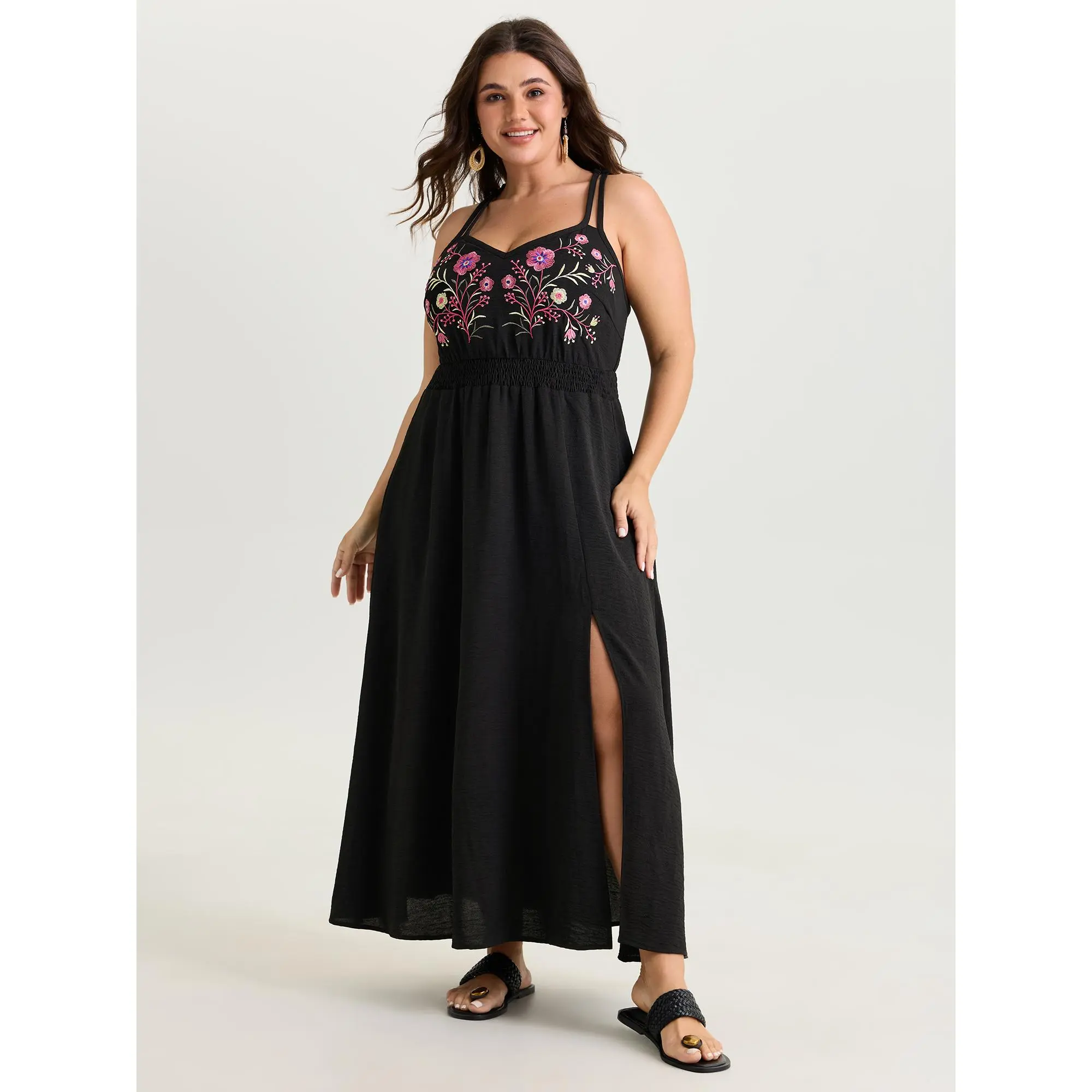 Women's Casual Bohemian Sleeveless Maxi Dress - Polyester-Spandex Fabric, Smooth Texture, Floral Embroidery, Shirred Waist, Pocket, Flattering Fit, Lady Summer Casual Wear, Boho Clothes For Women, Brunch Outfit Ideas, Pull-On, Side Pocket, Women's Dresses