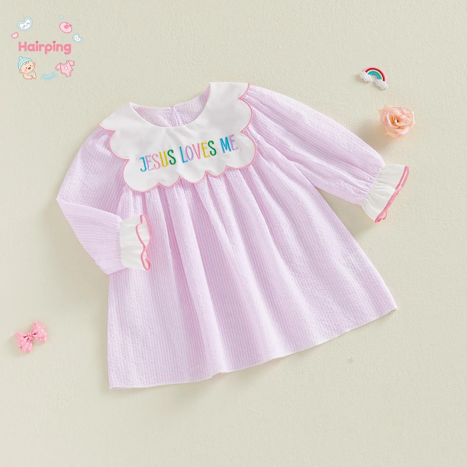 Baby Girl "Jesus Loves Me" Dress, Long Sleeve Peter Pan Collar Pink Stripe Dress with Embroidered Rainbow Lettering, Cute Casual Outfit for Church, Holiday & Daily Wear