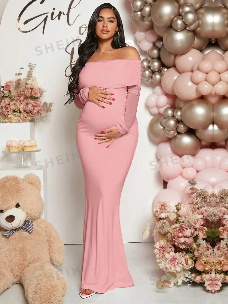 chinese dress ladies Pink Maternity Dresses for Baby Shower, Off The Shoulder Pregnancy  Photoshoot Maxi Gown for Women, Bunmp-Friendly Wedding Guest Outfit,  Cocktail Dress at Amazon Women's Clothing store main image 0