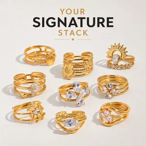 18K Gold Plated Cubic Zircon Stackable Layered Ring, Trendy INS Style Stainless Steel Open Adjustable Finger Ring, Hypoallergenic Versatile Jewelry For Women Daily Office Party Wear