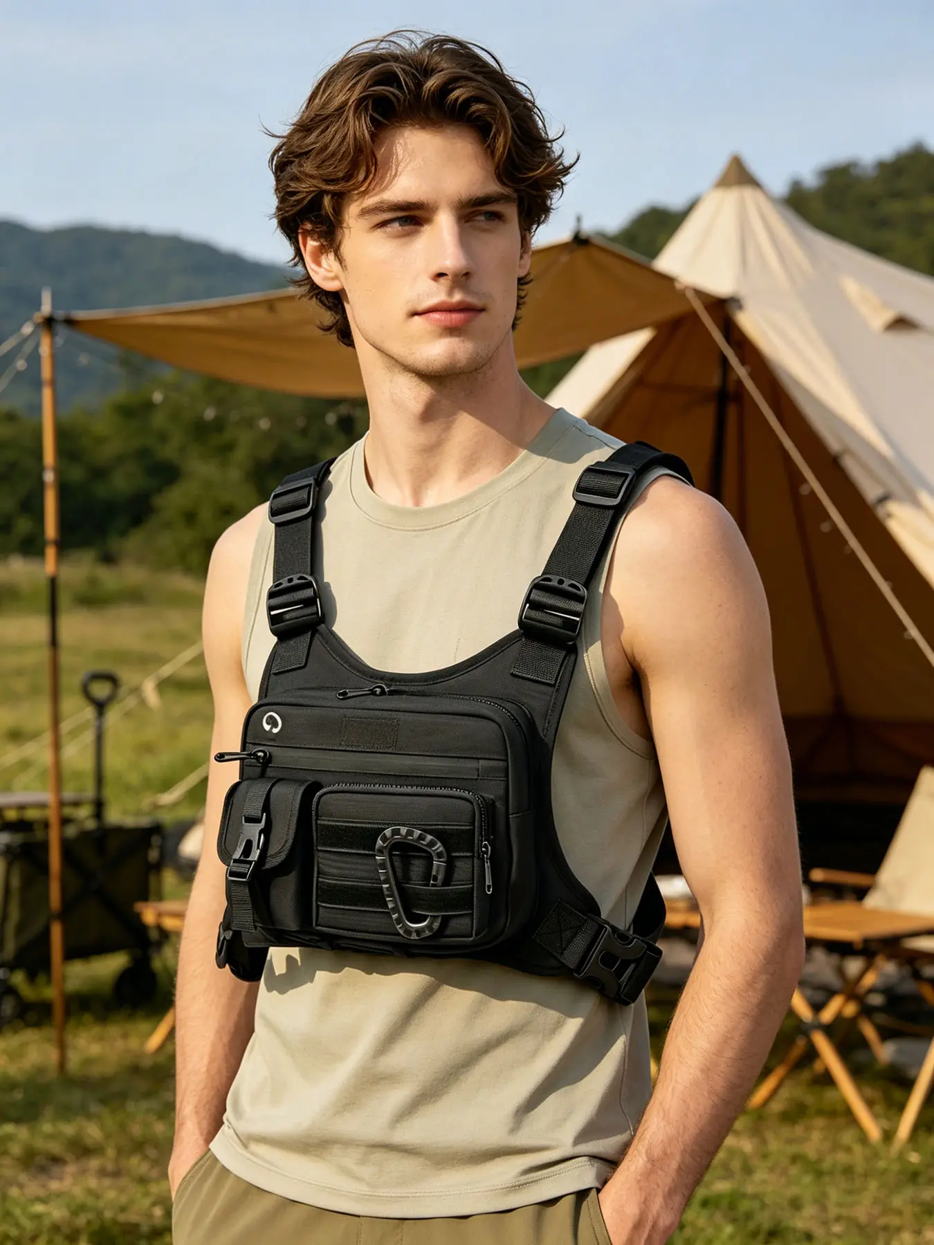 Outdoor Adventure Sling Vest Pack, Men's Adjustable Chest Bag with D-Ring Attachment, Multi-Pocket Organizer for Hiking, Fishing & Camping