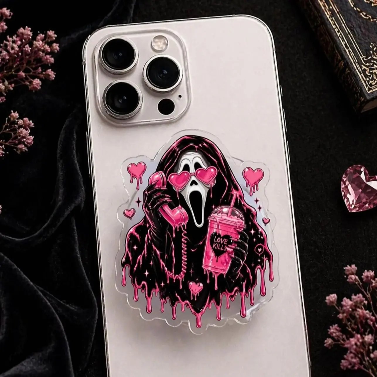 Spooky Cute Ghostface MagSafe Phone Grip: Pink Heart Horror Coquette Aesthetic Phone Holder, Gothic Gift for Halloween, Phone Kindle Holder