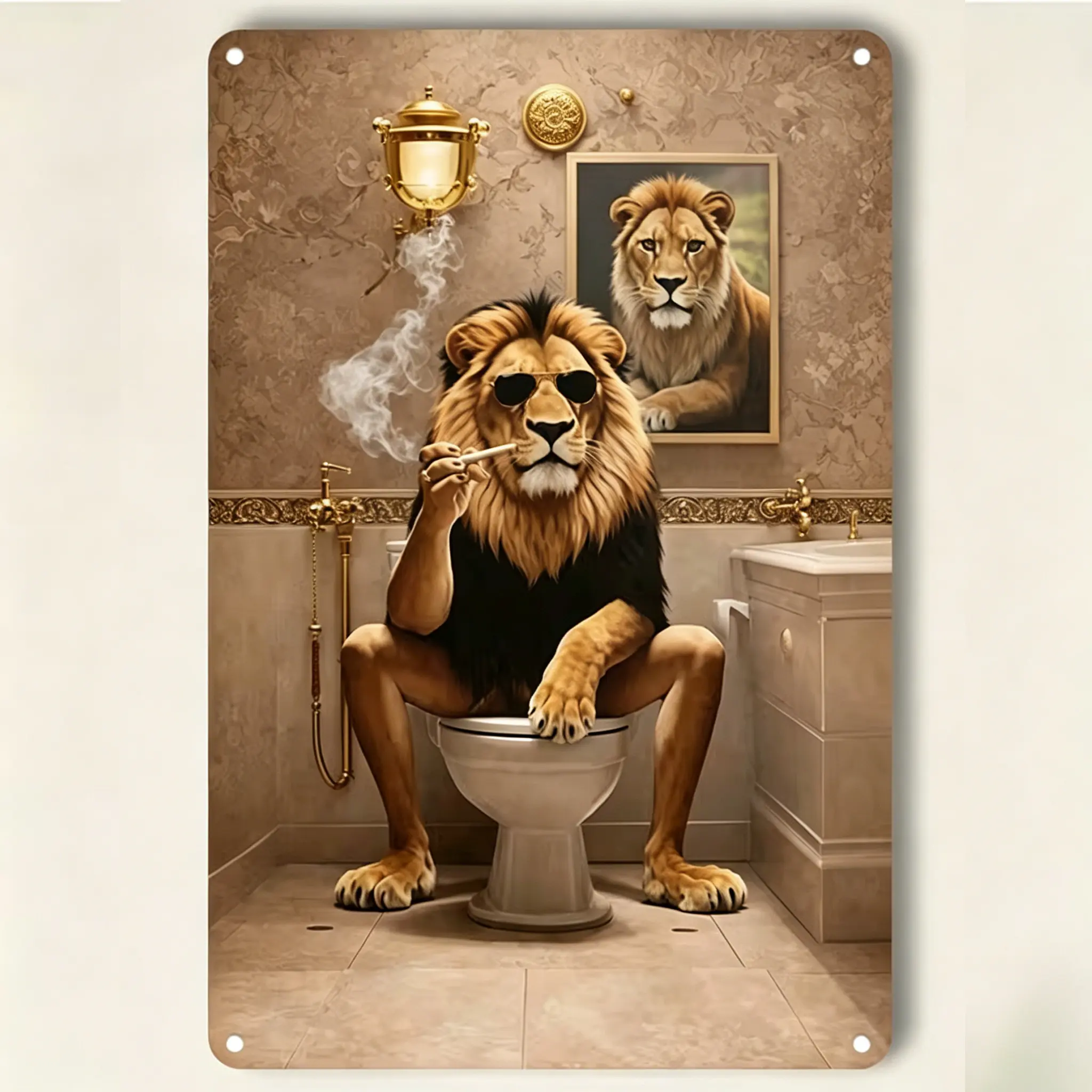 Vintage Metal Tin Sign, Cool Lion With Sunglasses Smoking On Toilet Wall Plaque, Funny Dapper Lion Sitting On Toilet Retro Iron Wall Sign,Unique Gag Gift For Men Man Cave Bar Home Decor Funny Luxury Bathroom Humor Wall Art Decor