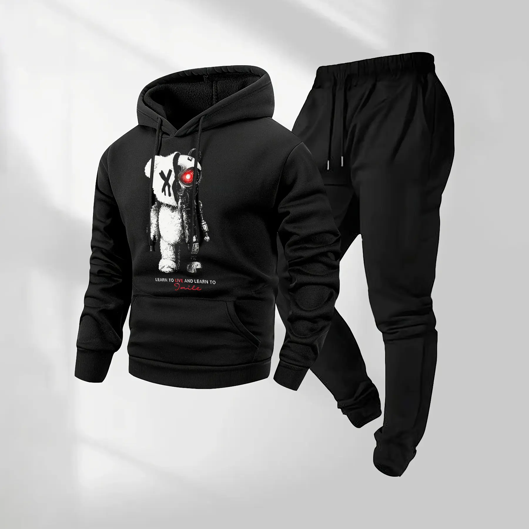 Men's 2-Piece Prank Mechanical Bear Hoodie & Drawstring Track Pants Set - Casual Athletic Long-Sleeved Hooded Streetwear, Fall-Winter Indoor-Outdoor Everyday Sportswear