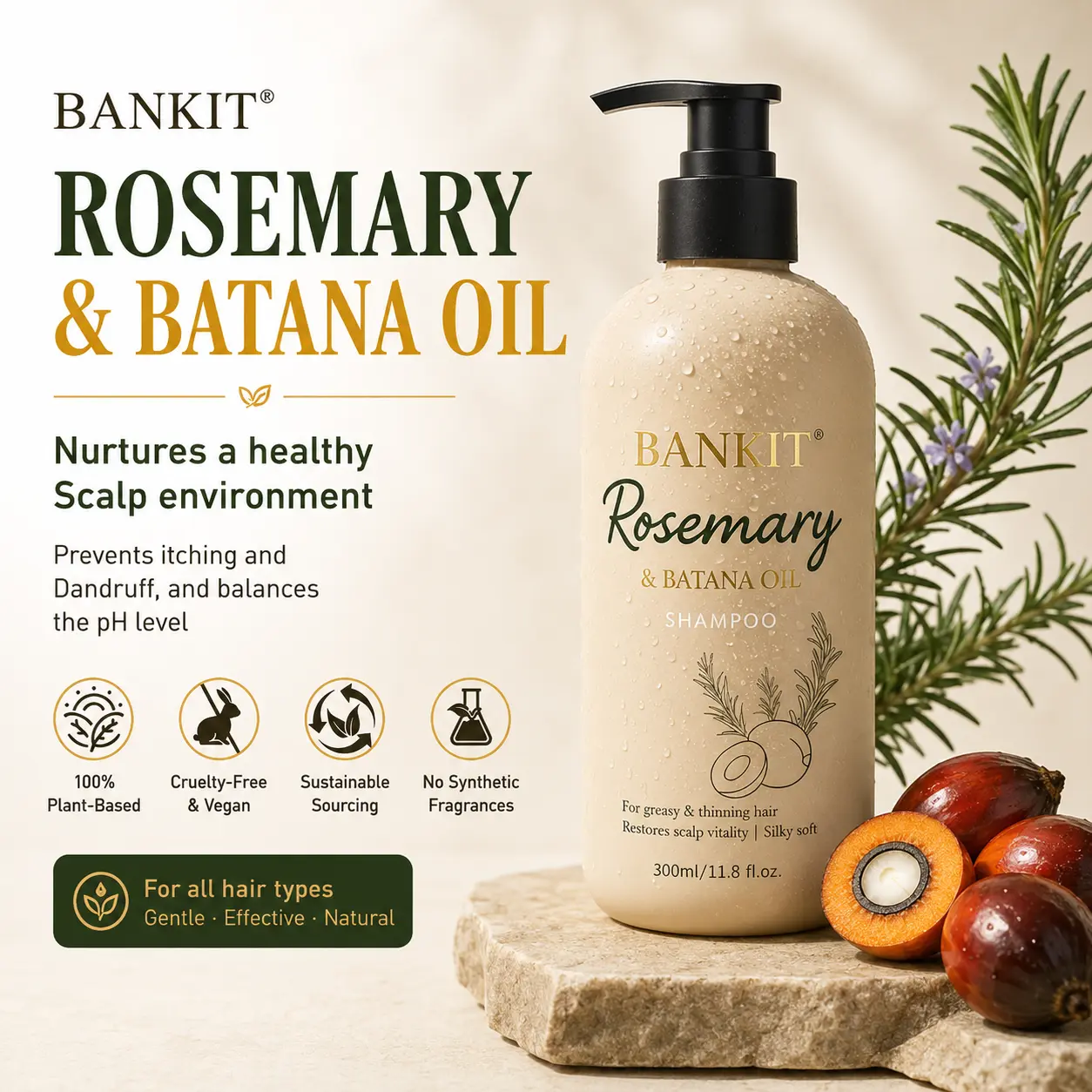 BANKIT Rosemary & Batana Oil Hair Growth Cleanser, Reduces Oily Scalp & Dandruff, Soothes Irritation for Smooth, Shiny Hair, Haircare, Cleansing, Scalp Care