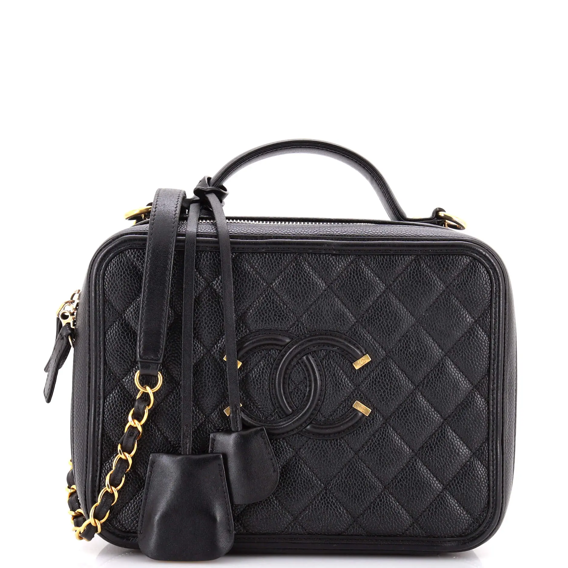 Pre-owned CHANEL Leather Top Handle Bags Filigree Vanity Case Quilted Caviar Medium by Rebag