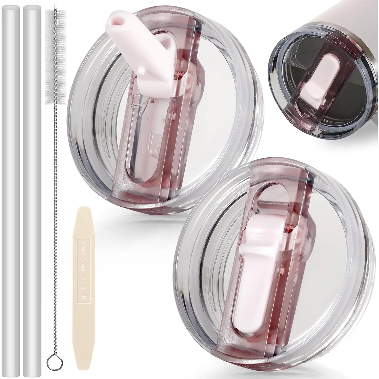 40oz Detachable Leak-Proof Flip Straw Spout Lid Replacement Set (Quartz) - 2-Pack Durable Tops, 2 Straw Replacements, Removal Tool, 1 Cleaning Brush, Easy Access Design for Protour Drinking (40oz Detachable Lid Incl)