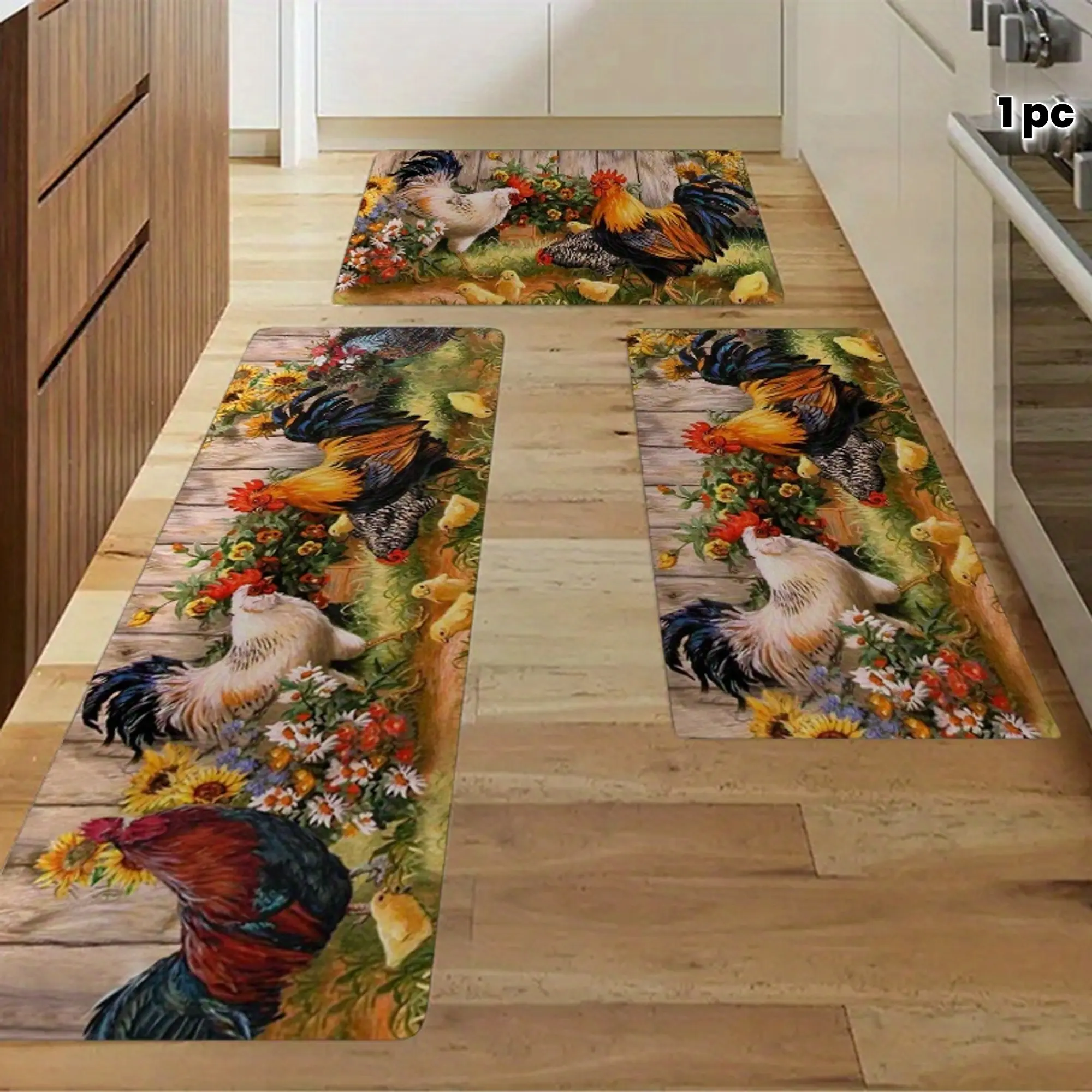 1pc Modern Farmhouse Animal Print Rug - 28"x17" 100% Polyester, Durable, Absorbent, Anti-Drift, Dustproof, Water Resistant, All-Surface, Machine-Washable Soft Floor Mat for Kitchen Sinks, Office Workspaces, with Rural Rooster & Sunflower Pattern, Farmhous