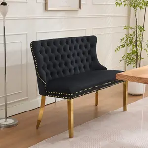 Velvet Double Dining Loveseat Bench, Kitchen & Dining Seating, 2-Seat Tufted Bench w/Handmade Buttons, Wing Back, Gold-Plated Steel Legs, Mid Century Modern,Single Pack,Black,SW1602BK