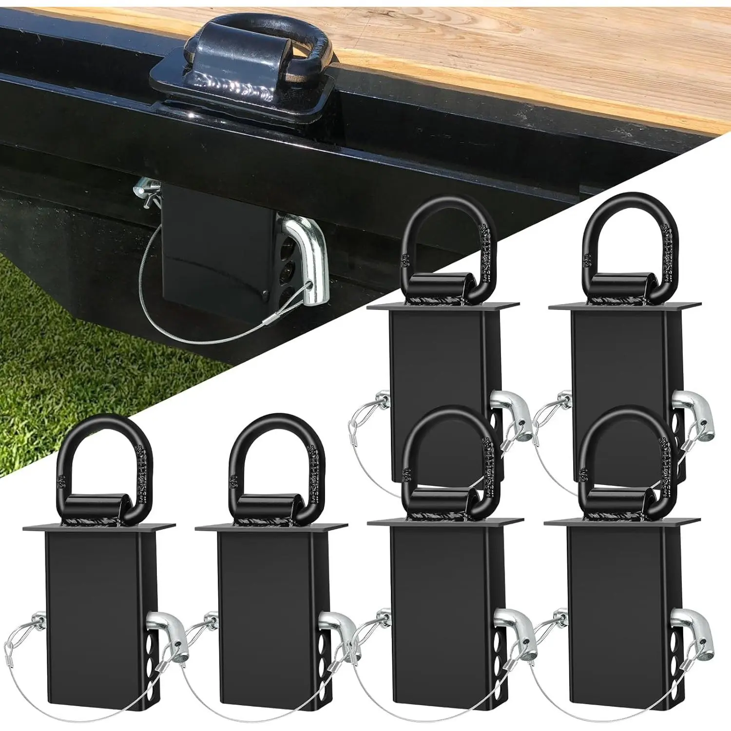 6 Packs Stake Pocket D Ring, Heavy Duty Trailer D Ring Tie Down Anchors, Adjustable with Anti-Loss Cord 16200lbs Load Trailer Accessories Utility for Flatbed Cargo , Black