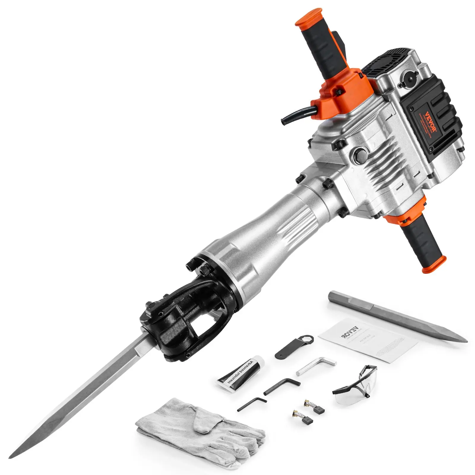 VEVOR Industrial-Grade Electric Demolition Jackhammer Kit, 2100W Handheld Concrete Breaker, 1650 BPM Heavy-Duty Tool with 1 Point Chisel, 1 Flat Chisel, Gloves, Goggles