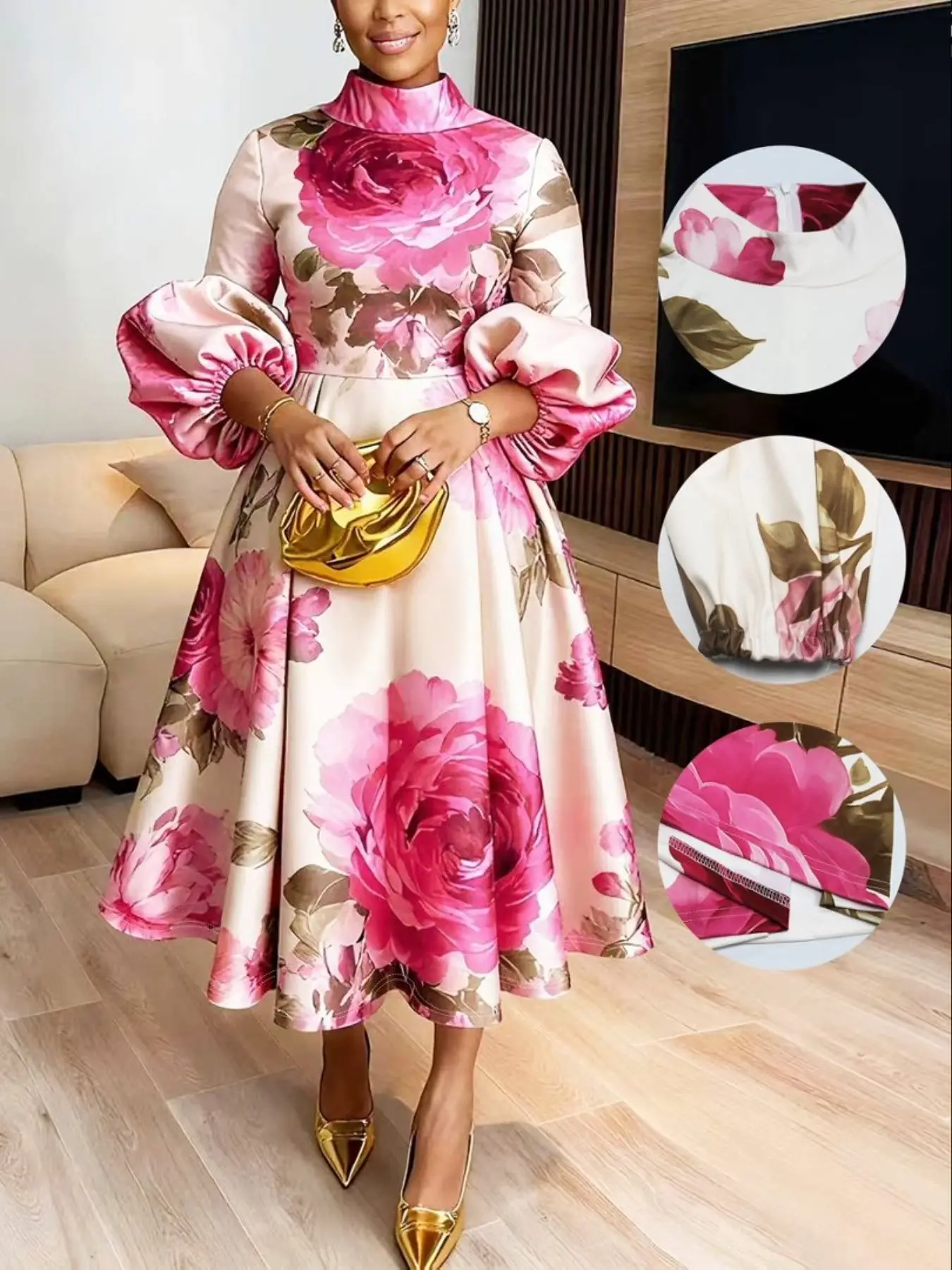 Elegant Chic Luxurious Satin Long Dress, Large Floral Print, Lantern Sleeve, Cocktail Party Gown, Evening Wear, Formal Event Dress, Elegance