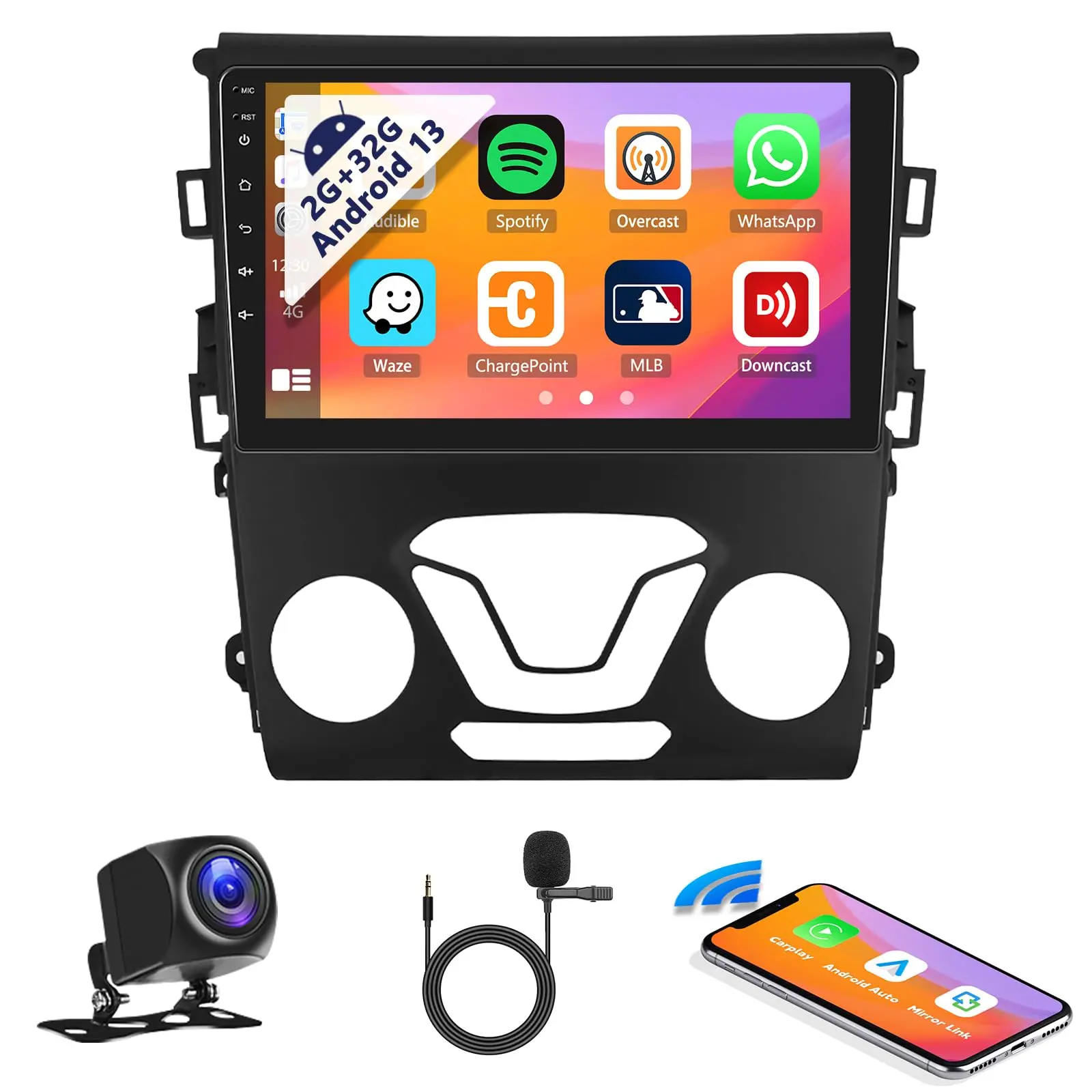 9 inch Android 15 Double Din Plug Play Car Video Player for Ford Mondeo 2013-2019, 2G+32G with Wireless CarPlay, Android Auto, Mirror Link, Built-in GPS Navigation, WiFi, EQ, FM, Bluetooth, Backup Camera, MIC, Adapter, Driving Accessory, Father's Day Gift