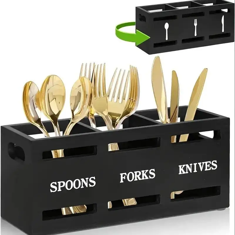 [Top Popular] 3-in-1 Wooden Storage Utensil Holder - Caddy with Salt and Pepper Shakers for Kitchen Countertop, Party Cutlery Organization