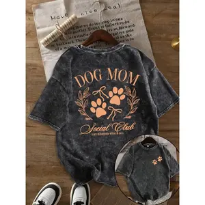 Vintage Washed Dog Mom Anime Graphic Tee - Super Soft & Lightweight Casual Loose Fit Shirt with Cute Paw Print & Lettering, Daily Commute & Weekend Outing Top for Pet Lovers, Spring Summer Fall Streetwear, TikTok Viral Cute Comfort Wear